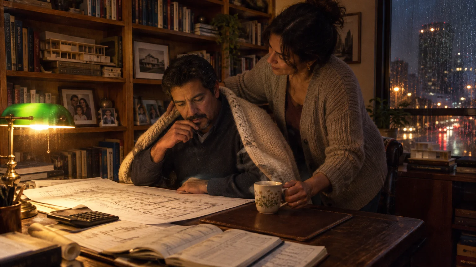 A woman wraps a blanket around a man studying architectural blueprints at a desk by a rainy window at night.