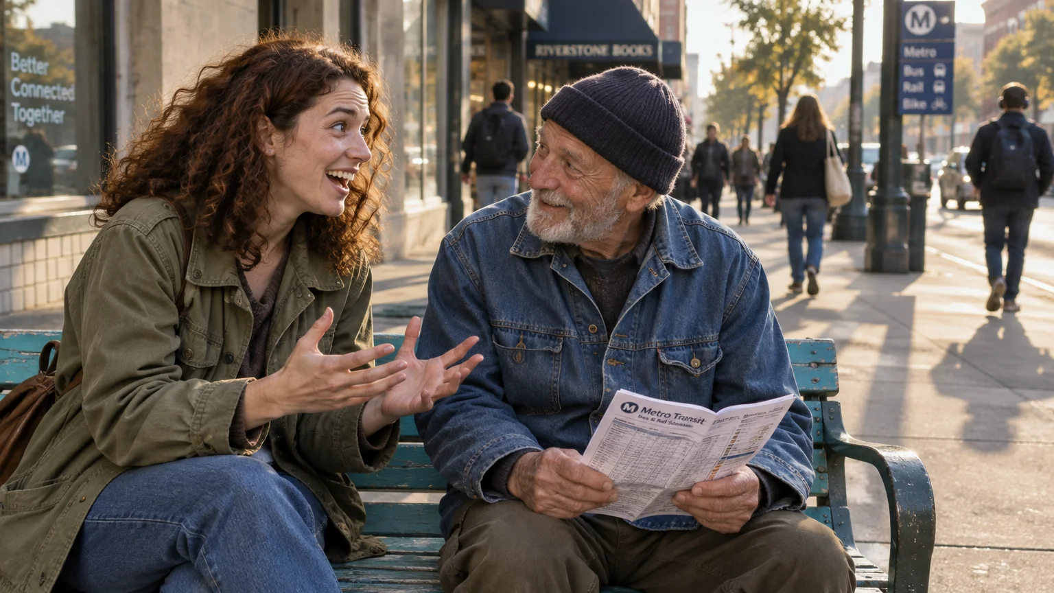 A smiling young woman gestures enthusiastically while talking to an older man holding a transit map on a city bench.
