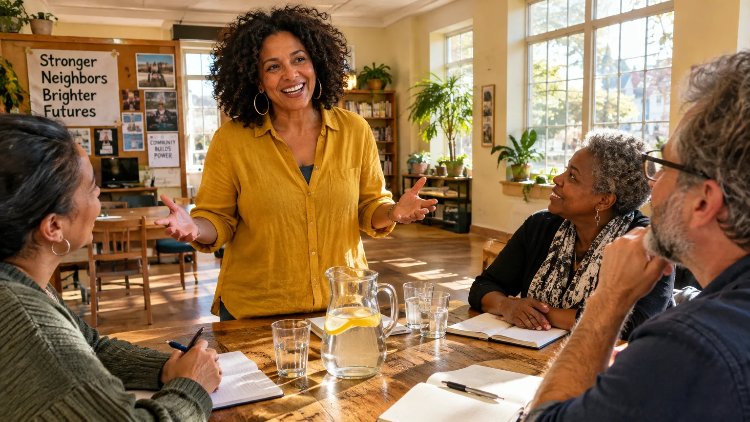 A smiling woman in a yellow shirt gestures while speaking to a group seated around a wooden table in a sunny room.