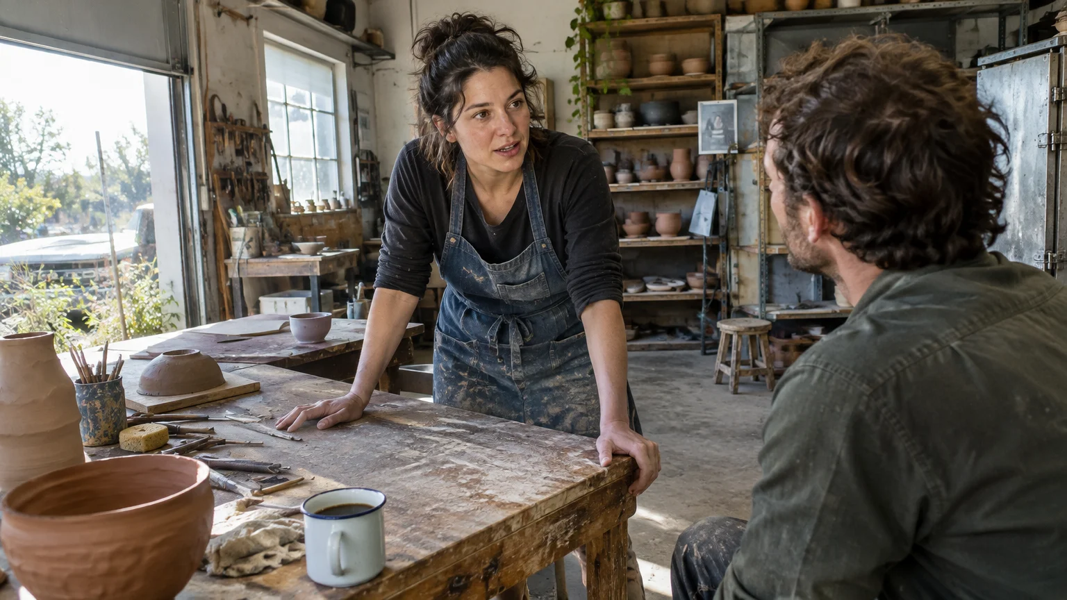 A woman in an apron leans over a pottery workshop table while talking directly to a seated man.