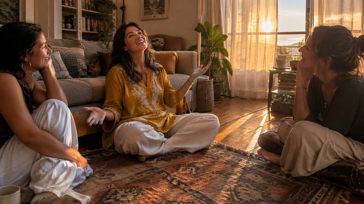 Three women sit on a patterned rug in a sunlit living room while the woman in the center speaks with open hands.