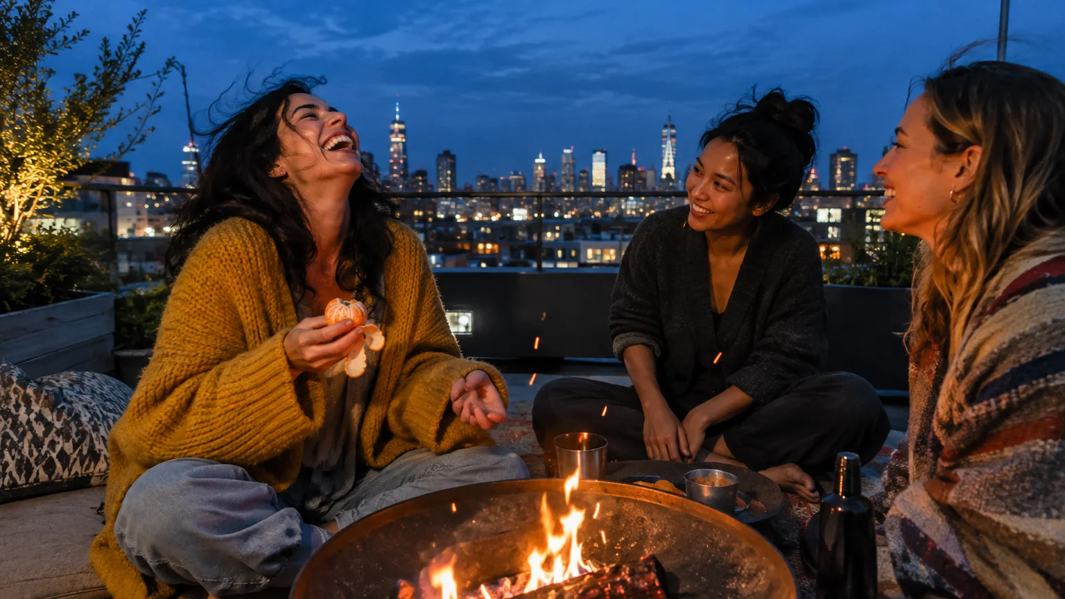 Three women sit laughing around a rooftop fire pit at dusk with the city skyline illuminated behind them.