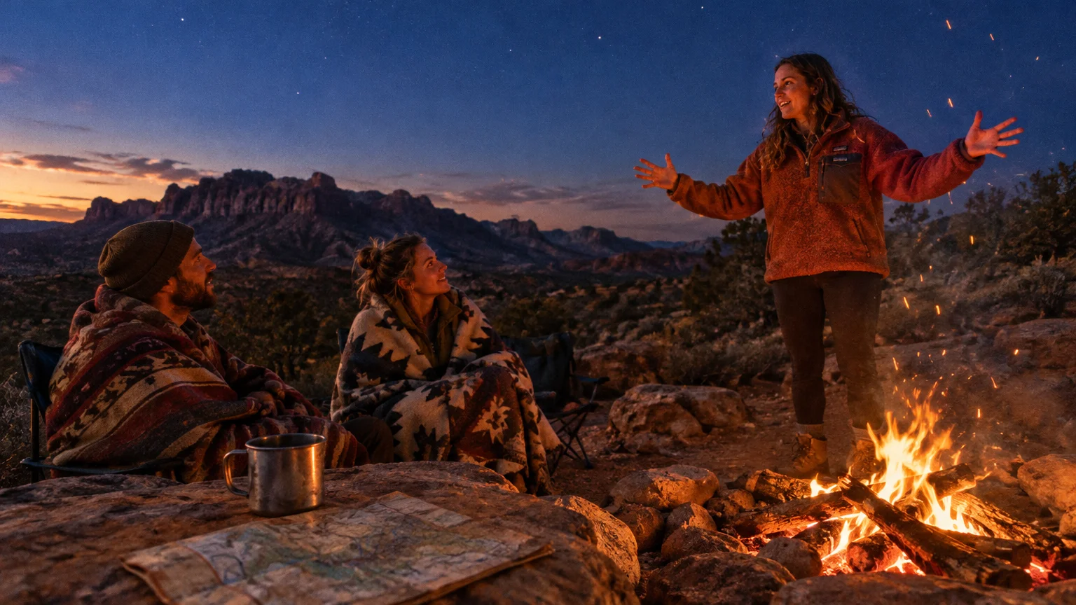 A woman gestures by a campfire at dusk, telling a story to two friends wrapped in blankets with mountains in the background.