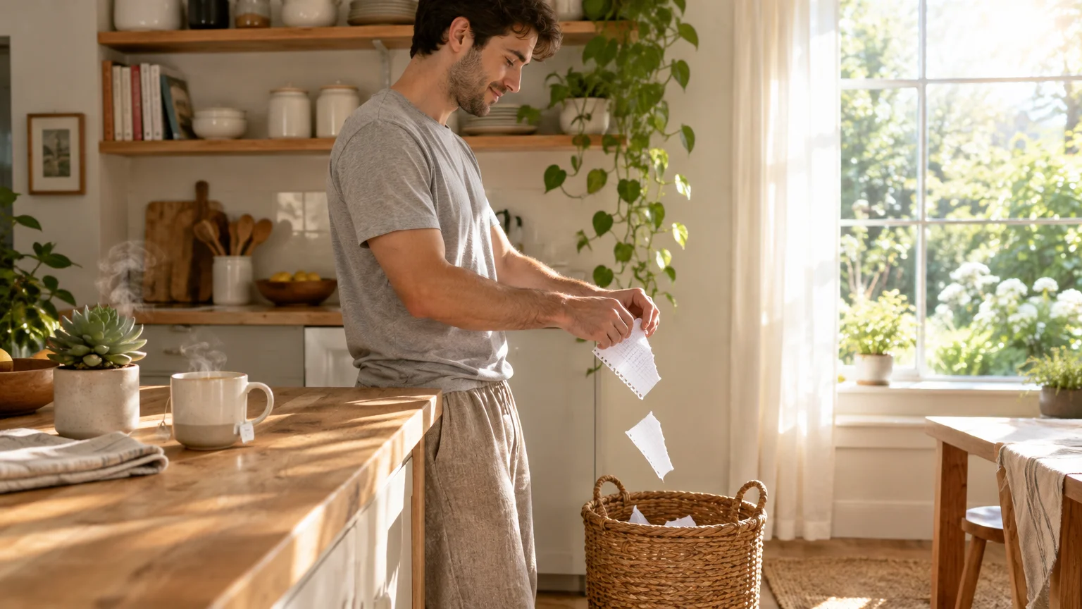 A man in a sunlit kitchen tears a piece of paper and lets it fall into a woven wicker basket.