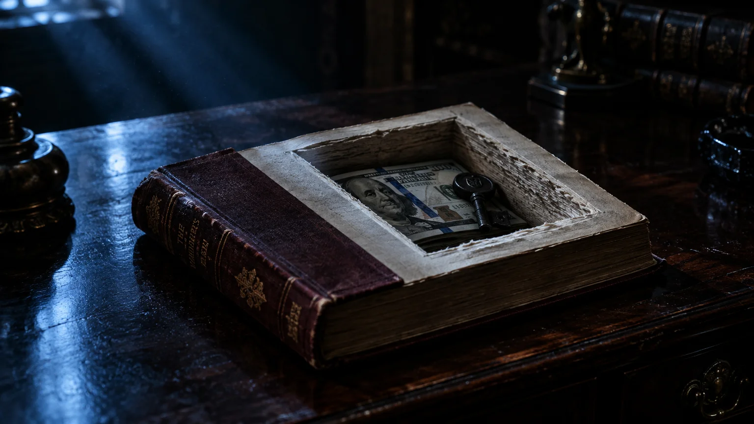 Hollowed-out antique book holding US dollar bills and an old key on a dark wooden desk.