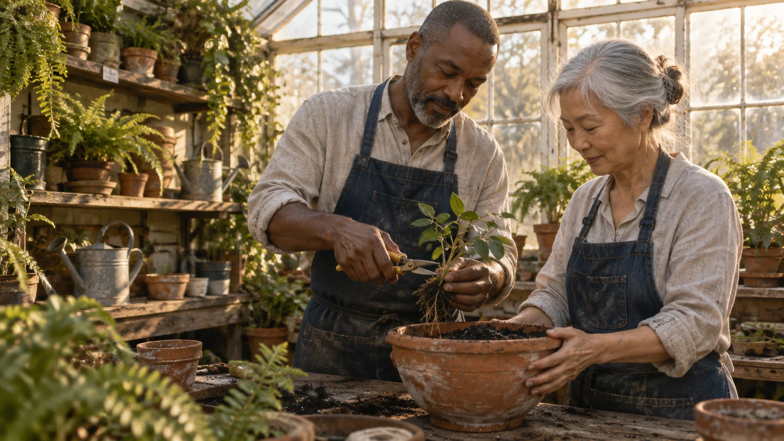 An older man and woman wearing aprons pot a small green plant together in a sunlit greenhouse.
