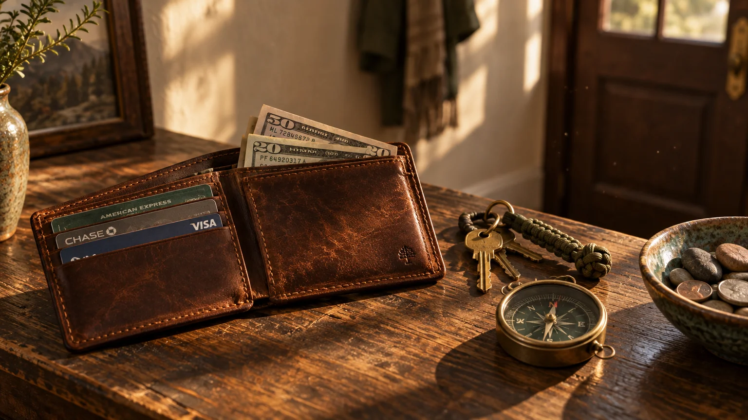 Open brown leather wallet with dollar bills and cards beside keys and a brass compass on a wooden table.