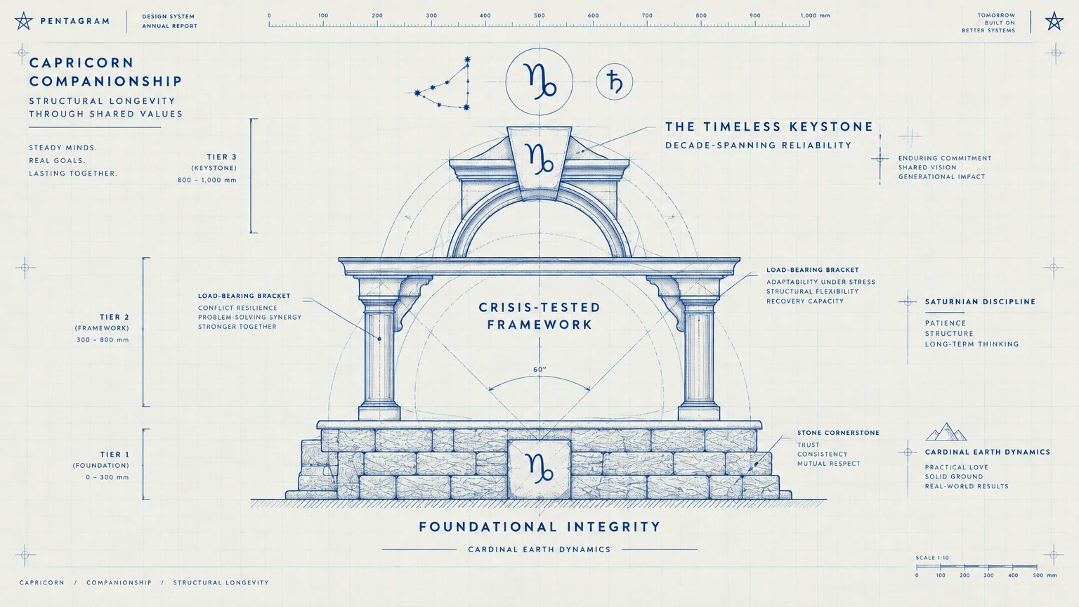 Architectural blueprint diagram of a classical stone archway labeled Capricorn Companionship with structural tiers and annotations.