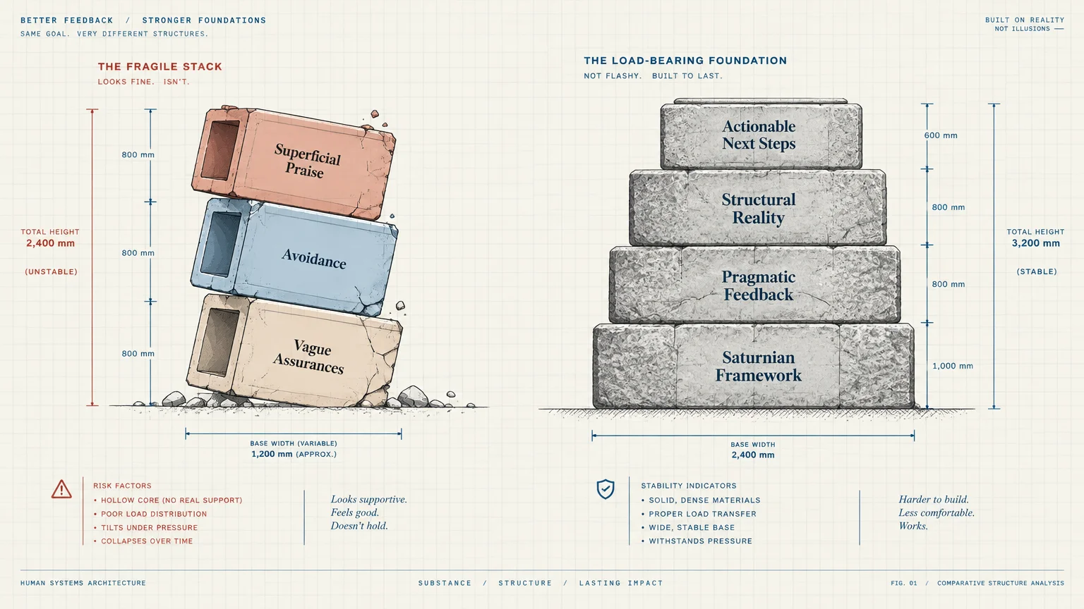 Diagram comparing a fragile stack of hollow blocks with a stable stone foundation labeled with Saturnian Framework.