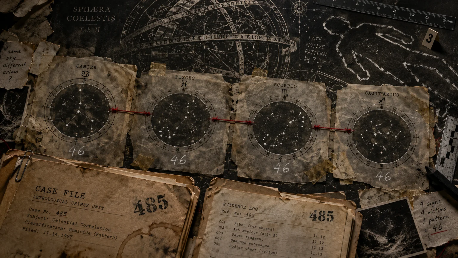 Crime case files and four constellation charts for Cancer, Pisces, Scorpio, and Sagittarius linked by red thread.