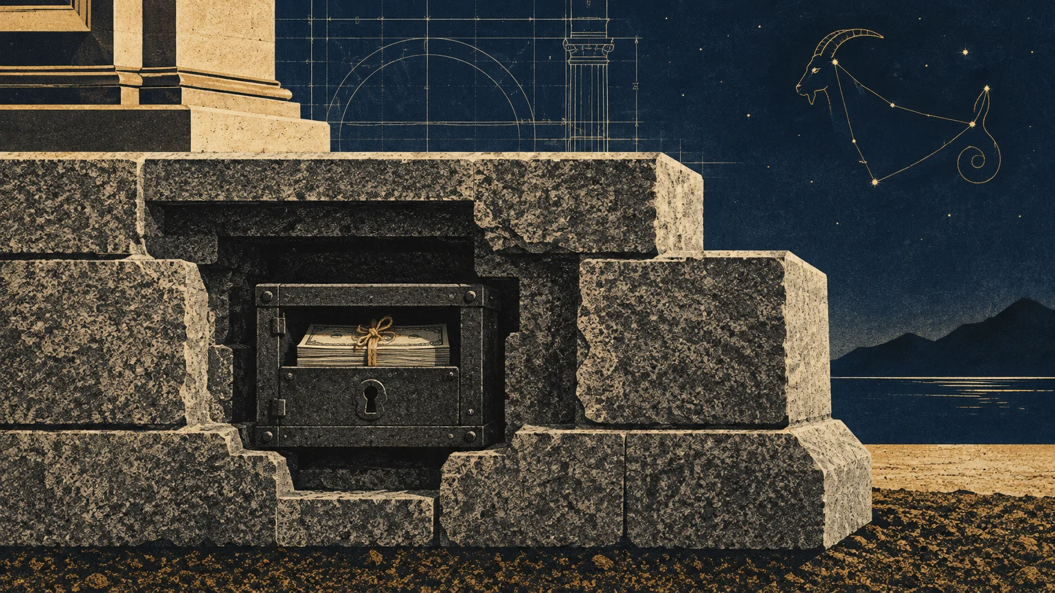 Stack of cash inside an iron lockbox embedded in stone foundation blocks beneath the Capricorn constellation at night.