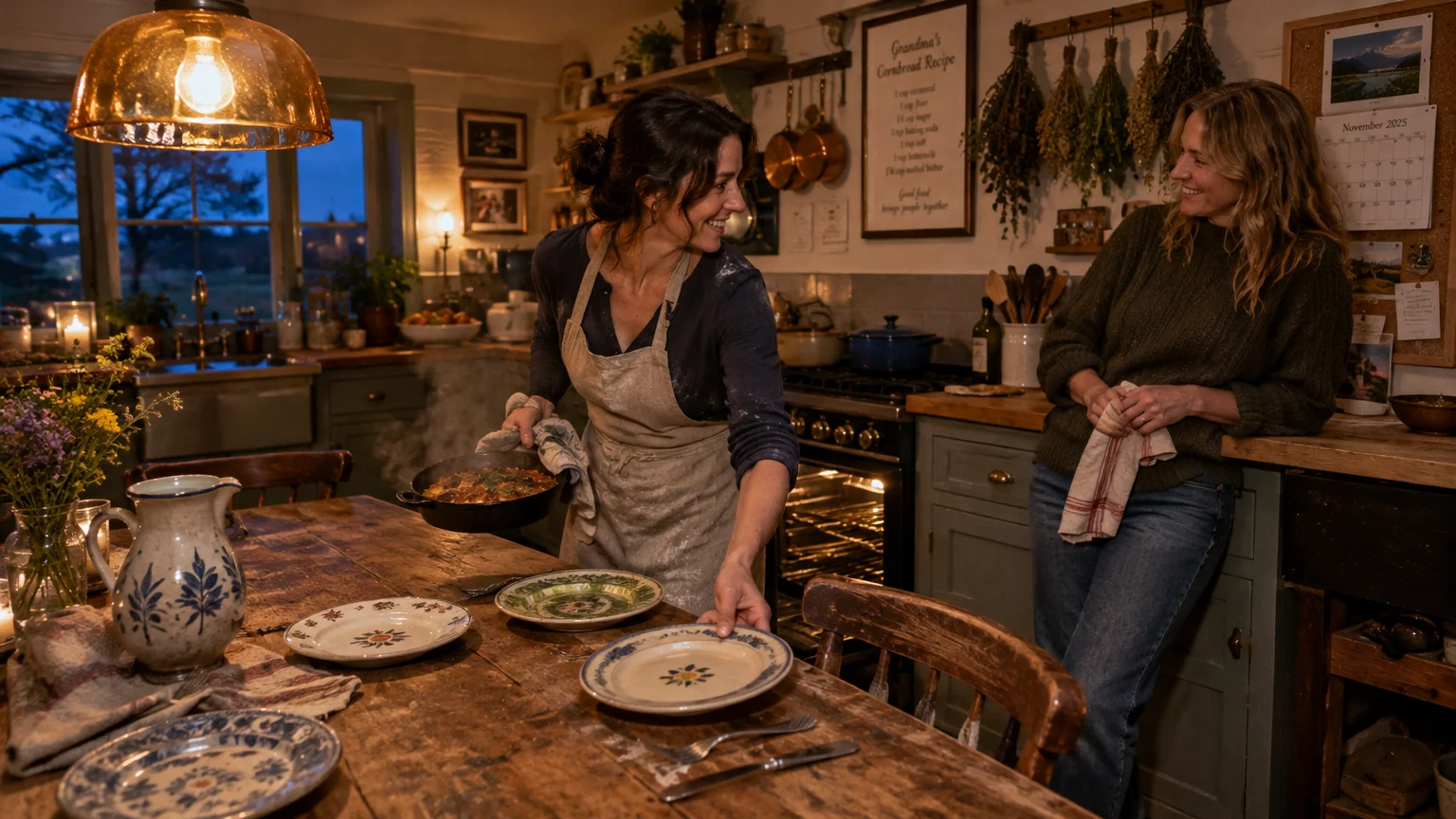 A woman in an apron serves a hot dish at a rustic wooden table while smiling at a friend leaning against the counter.