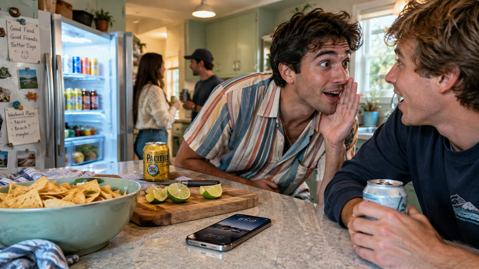 A young man whispers excitedly to another man across a kitchen island with drinks and snacks during a gathering.