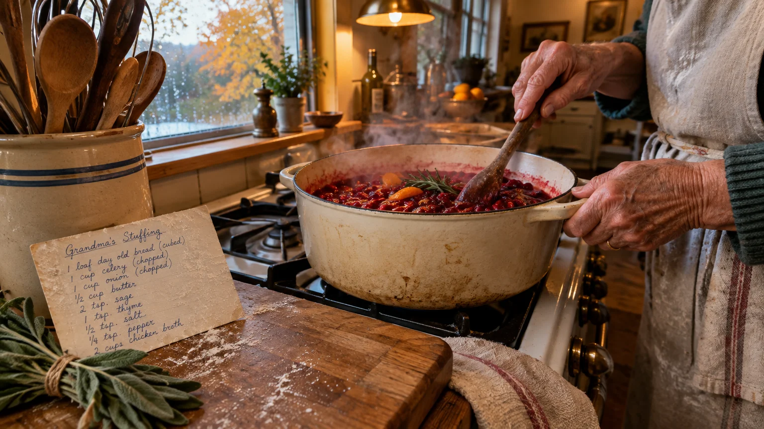 A cook stirs simmering cranberry sauce in a Dutch oven on a stove beside a handwritten recipe card for stuffing.