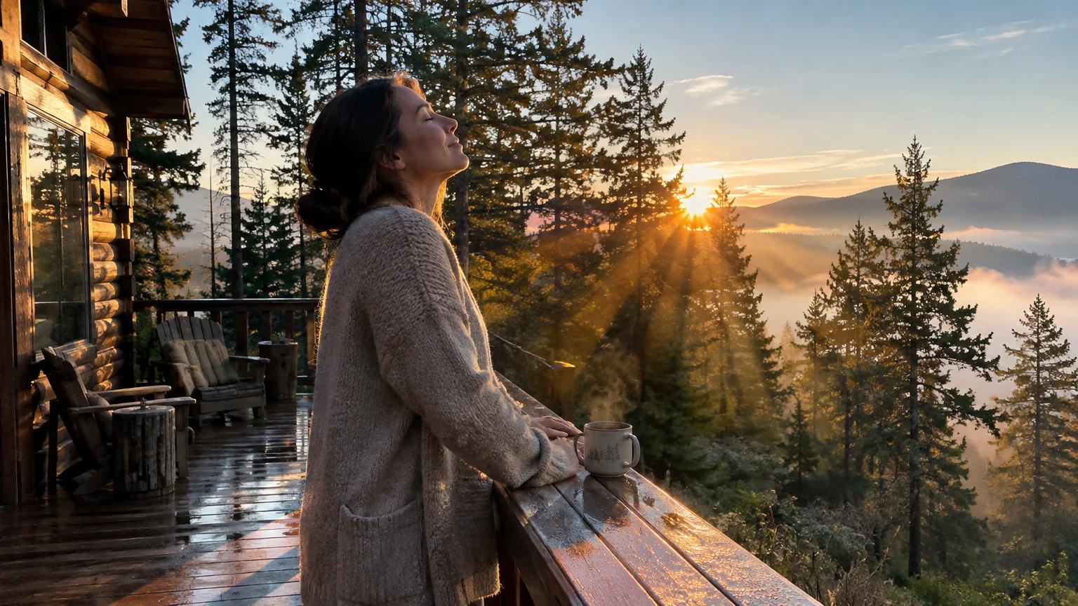 Woman in a knit cardigan holding a mug on a wooden cabin deck, facing a misty sunrise through pine trees.