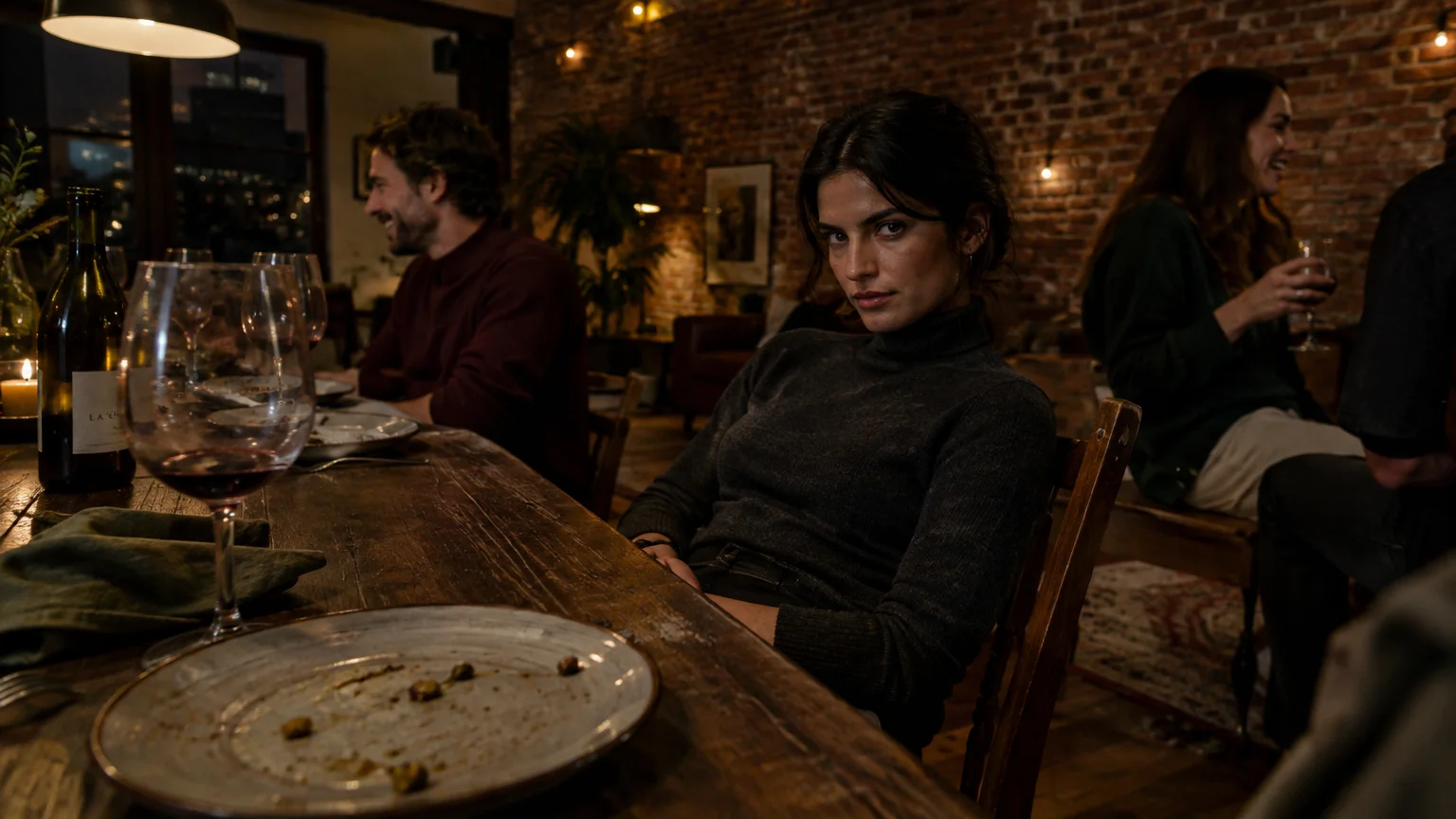 A dark-haired woman in a turtleneck sitting at a rustic dining table, staring intensely into the camera while others chat.