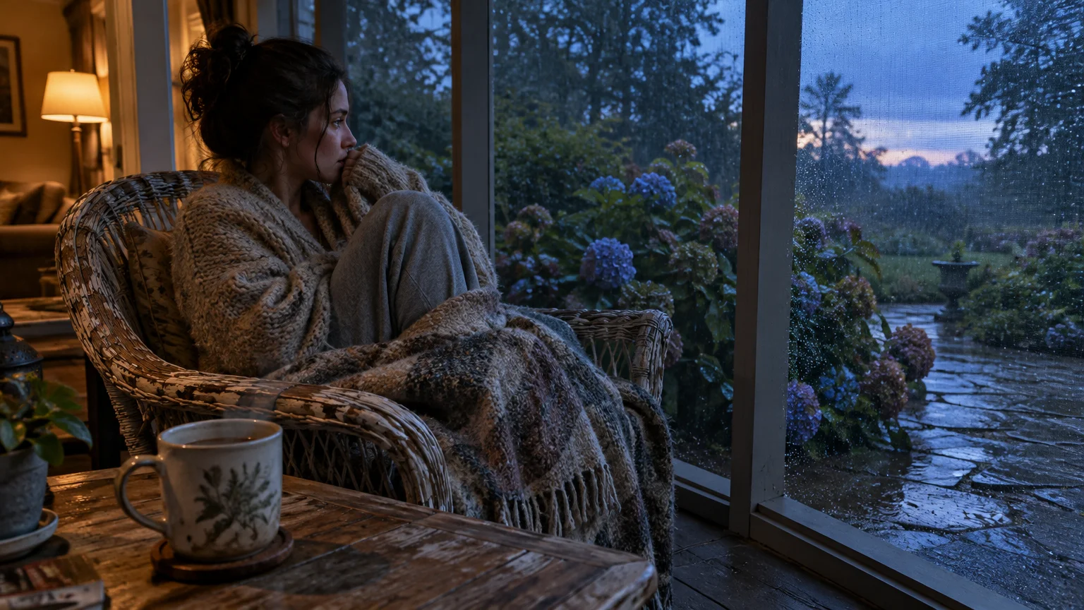 A woman wrapped in a knit blanket sits in a wicker armchair on a porch, gazing outside at rain and blue hydrangeas.