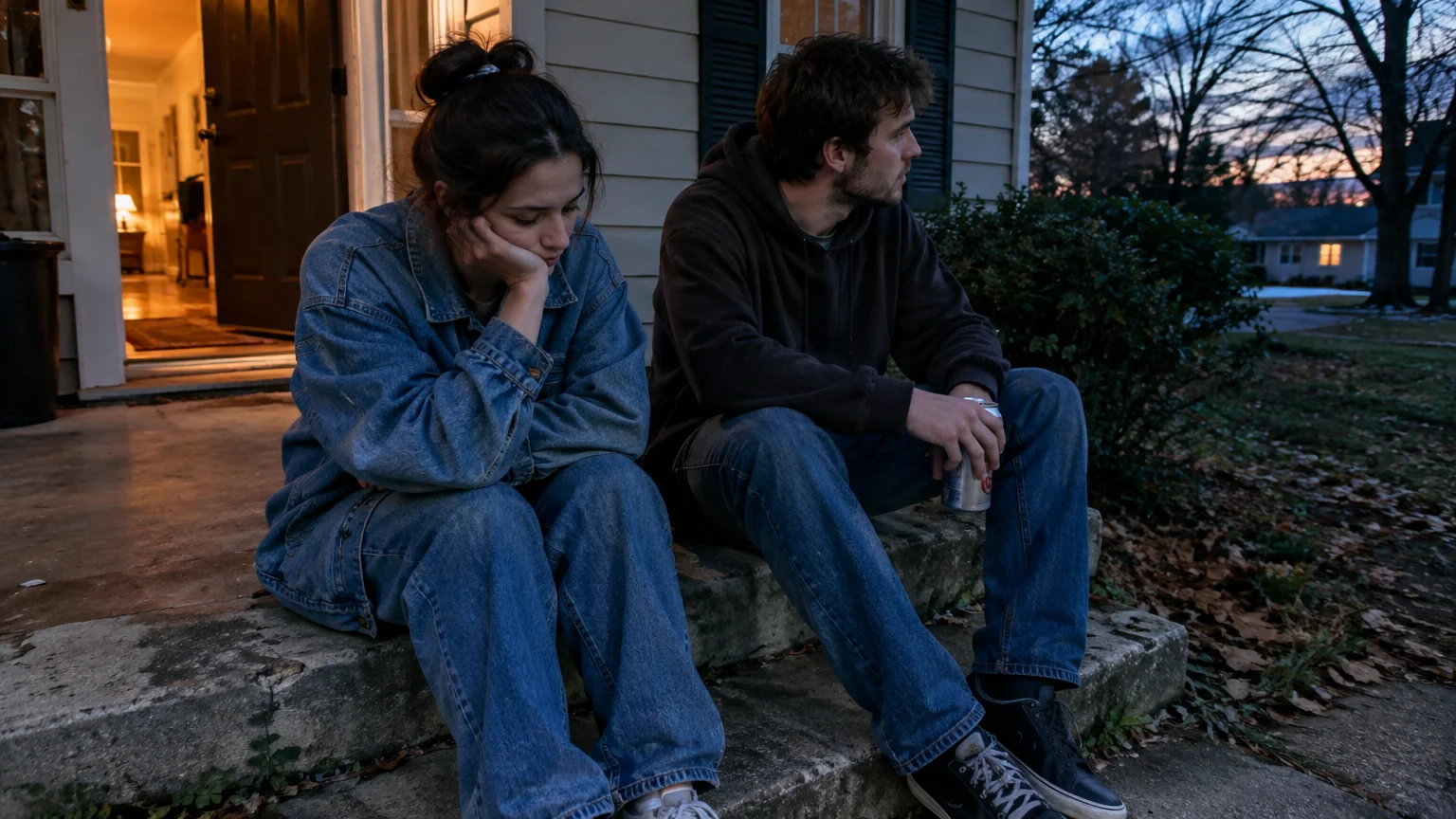A young woman and man sit quietly on concrete front porch steps at dusk, looking away from each other.