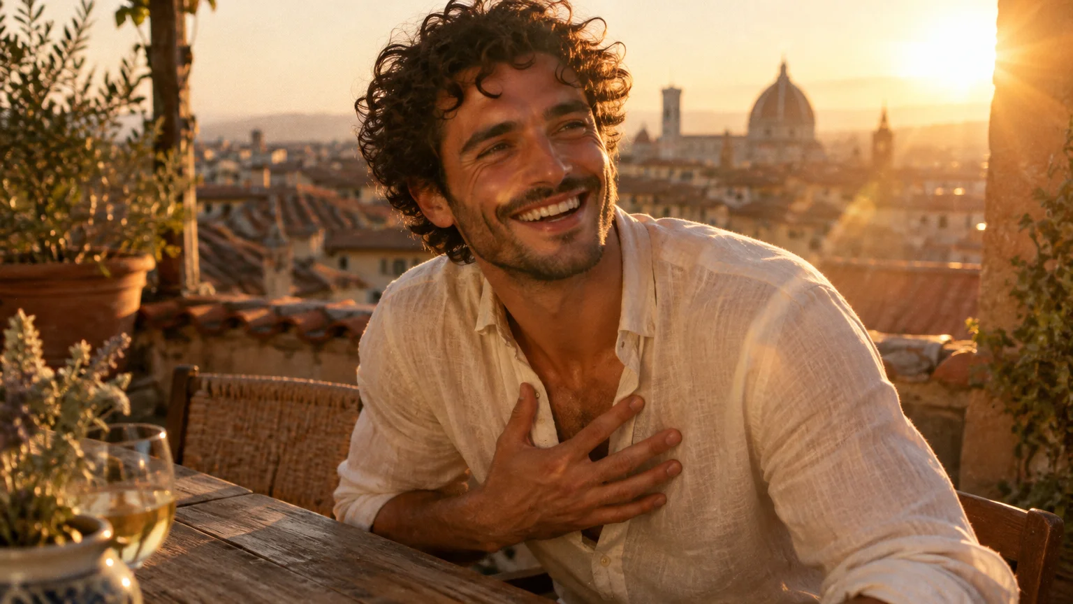 Smiling curly-haired man clutching his chest at a terrace table overlooking Florence at sunset.