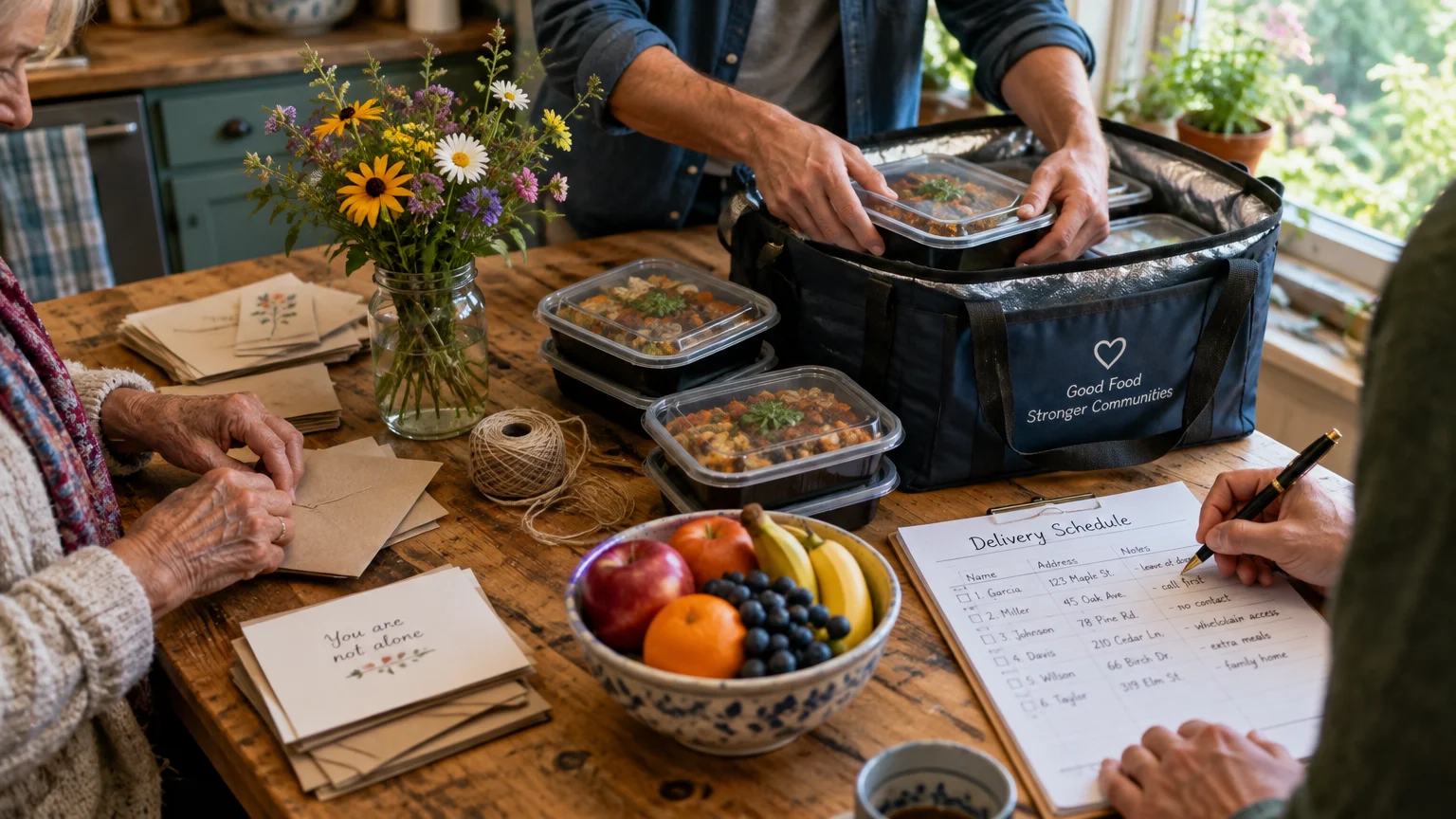 Volunteers packing meal containers into an insulated delivery bag, writing notes, and checking a schedule at a table.
