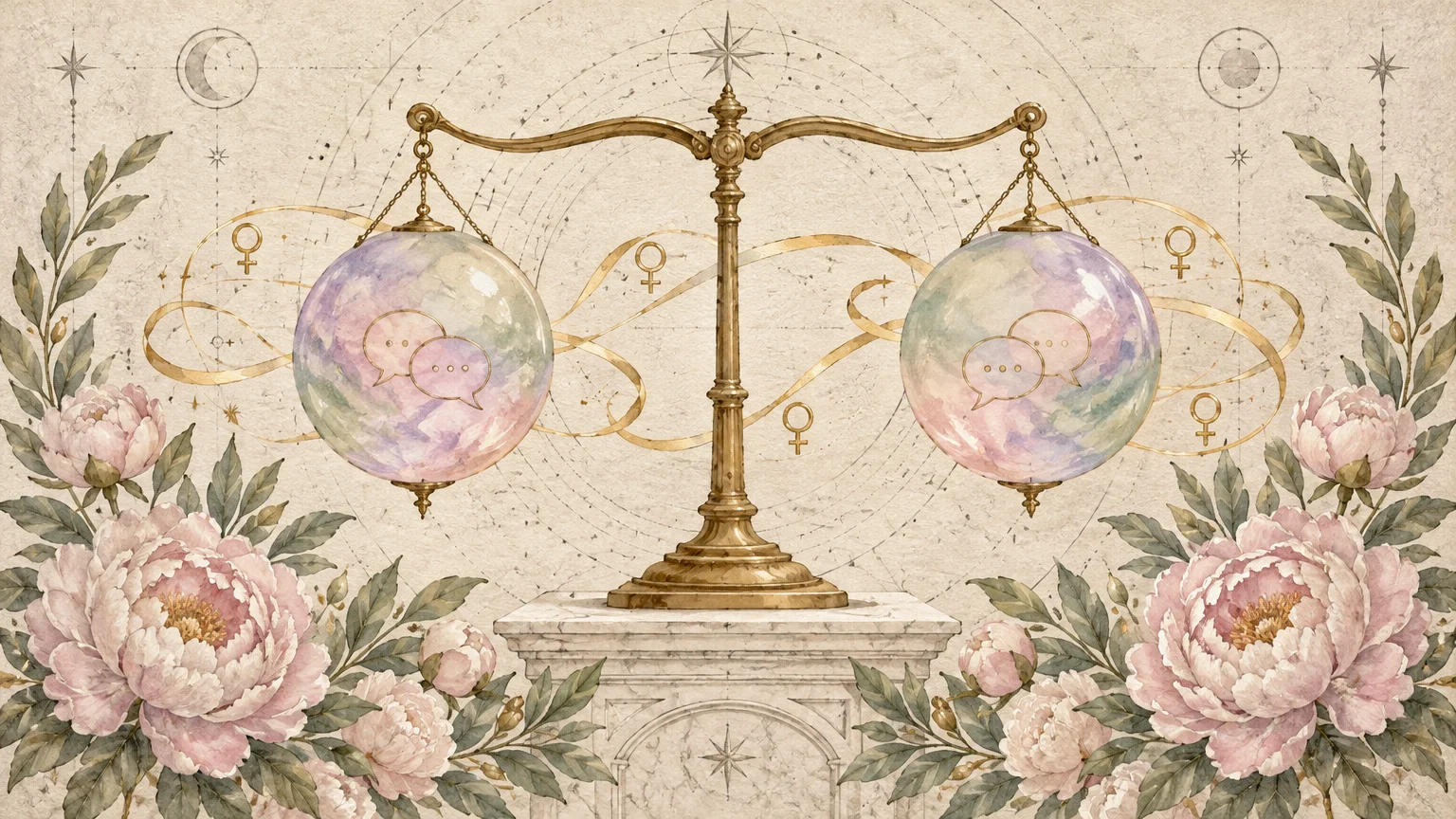 Golden scales of justice holding iridescent spheres with speech bubble icons, surrounded by pink flowers.