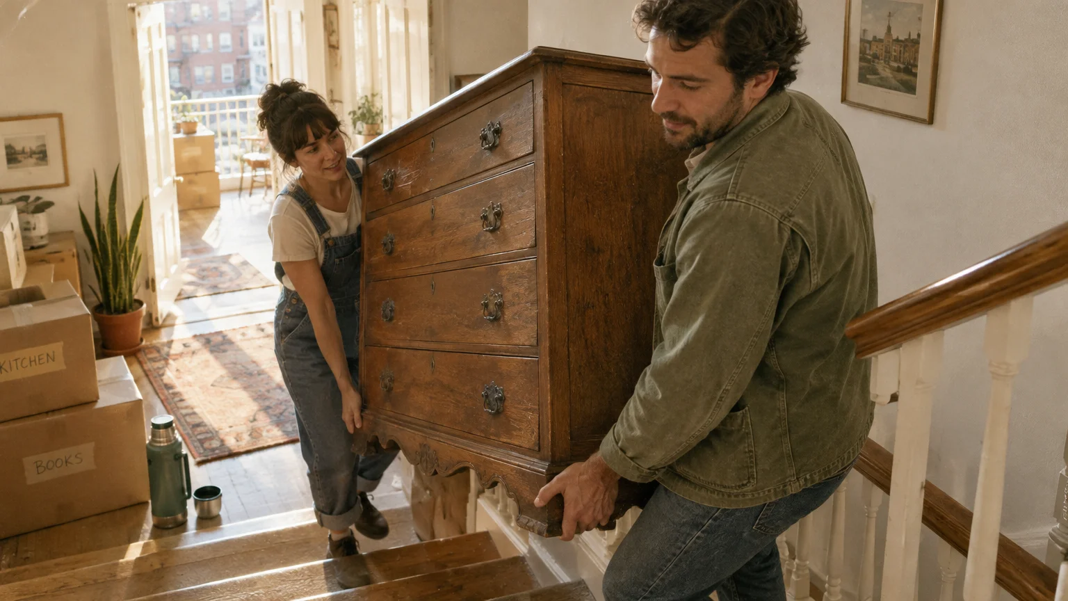 A man and woman carry a large wooden dresser down an indoor staircase surrounded by cardboard moving boxes.