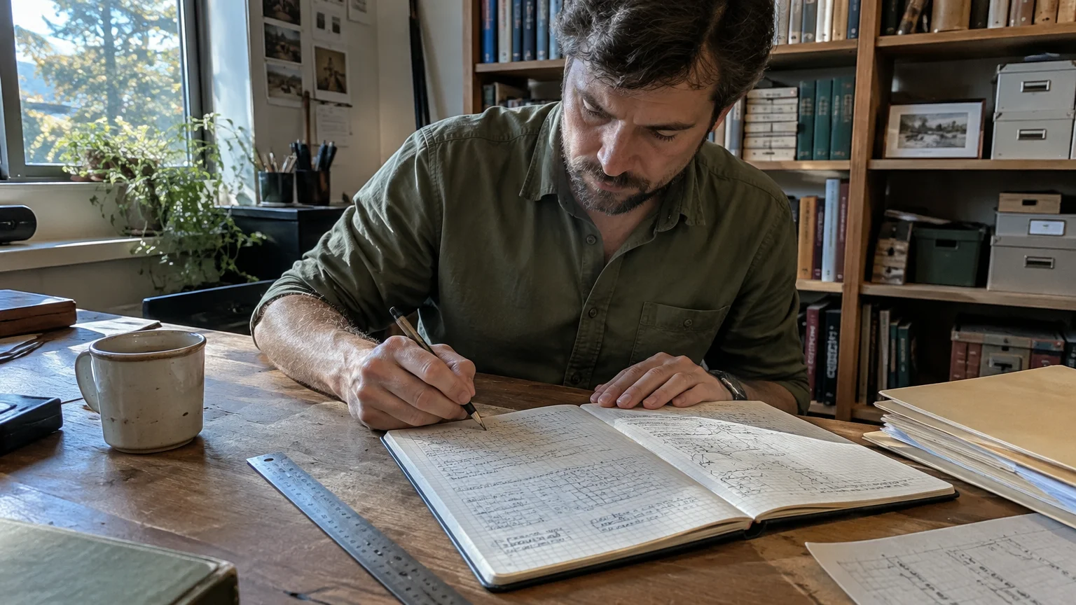 A man sitting at a wooden desk writes with a pen in a grid notebook surrounded by bookshelves and papers.