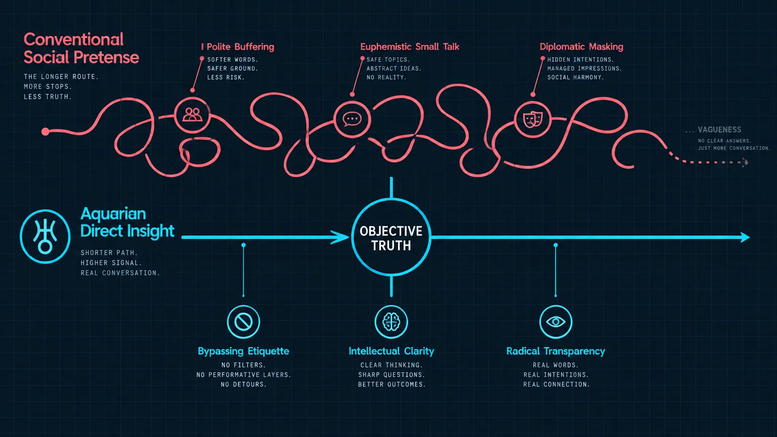 Diagram contrasting a winding red line of social pretense against a direct blue arrow reaching objective truth.
