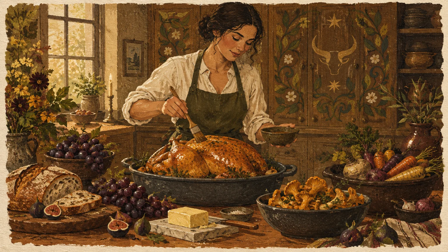 Illustration of a woman in an apron basting a roasted turkey in a rustic kitchen surrounded by bread, fruit, and mushrooms.