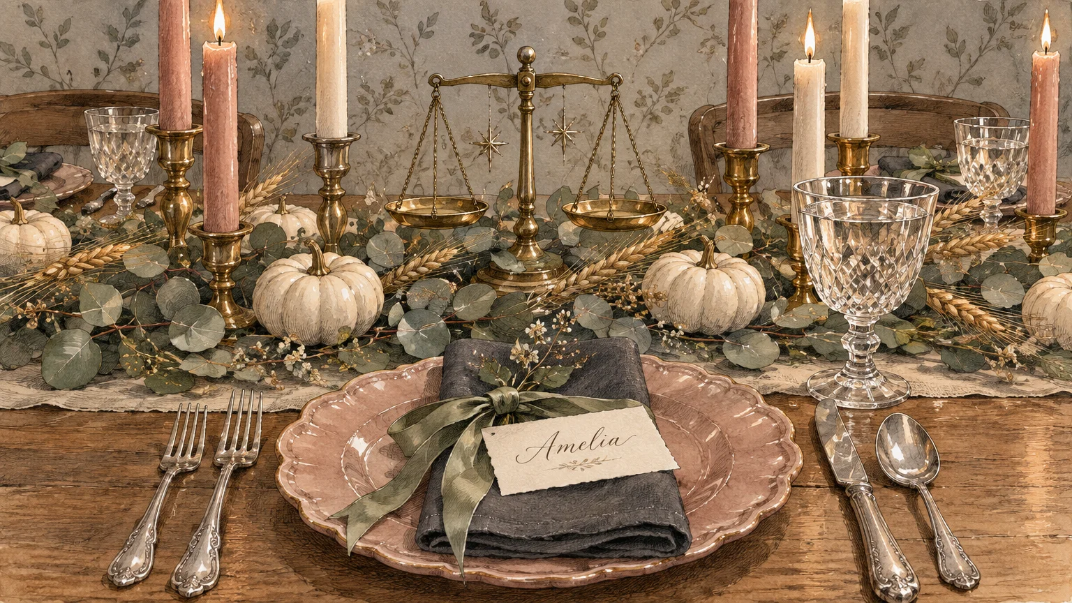 Illustration of an elegant Thanksgiving table setting with candles, white pumpkins, place card, and a brass balance scale.