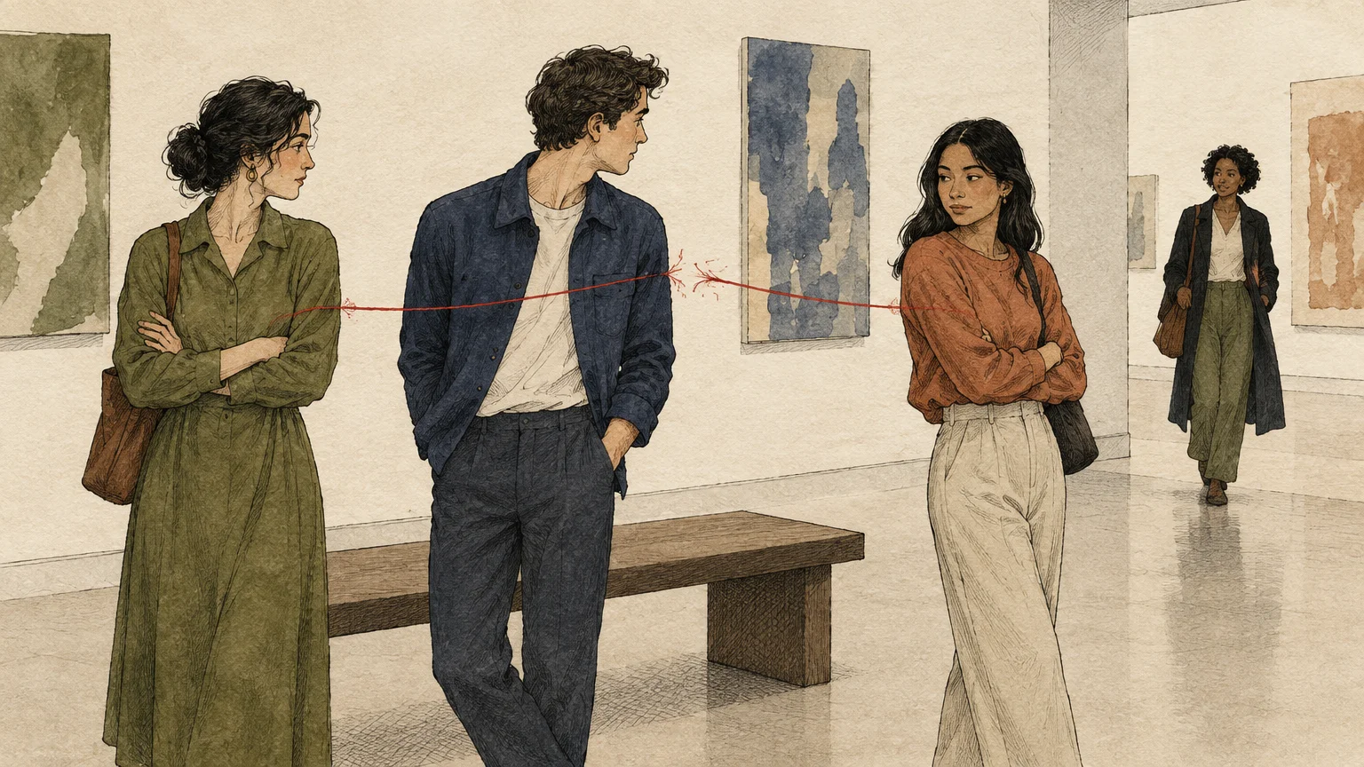 Illustration of three people in an art gallery with a snapped red thread stretching between two women.