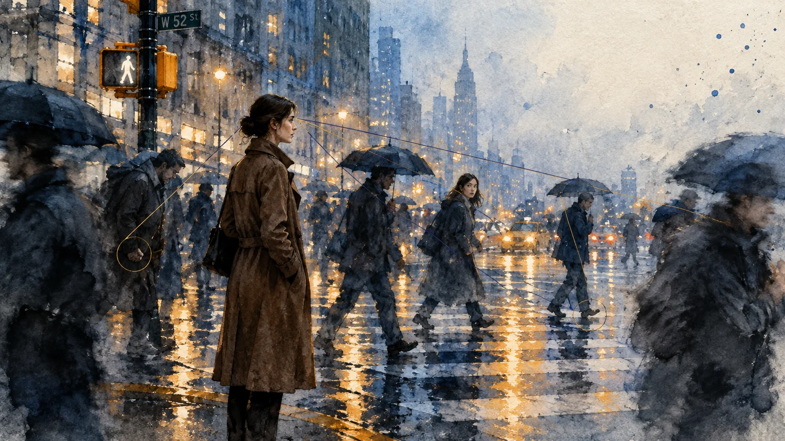 Watercolor illustration of a woman in a trench coat on a rainy city crosswalk with lines connecting her gaze to pedestrians.