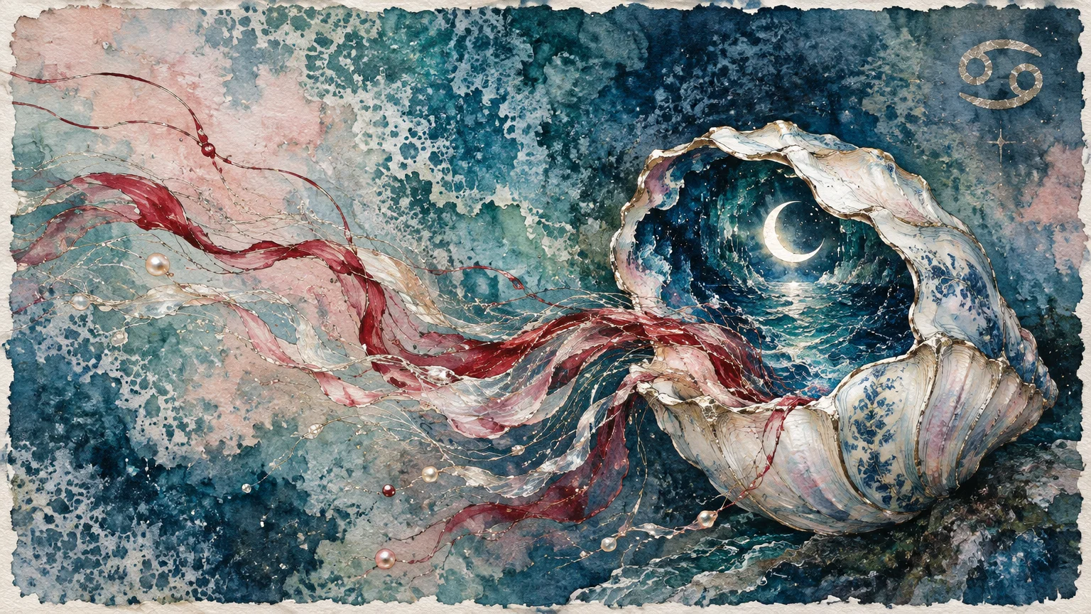 Watercolor illustration of a seashell opening to a moonlit sea, with flowing red ribbons, pearls, and the Cancer sign.