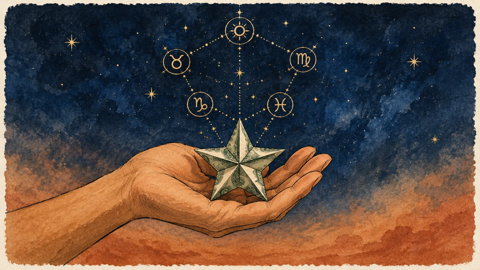 An open hand holds an origami star folded from paper money beneath zodiac constellations in a night sky.