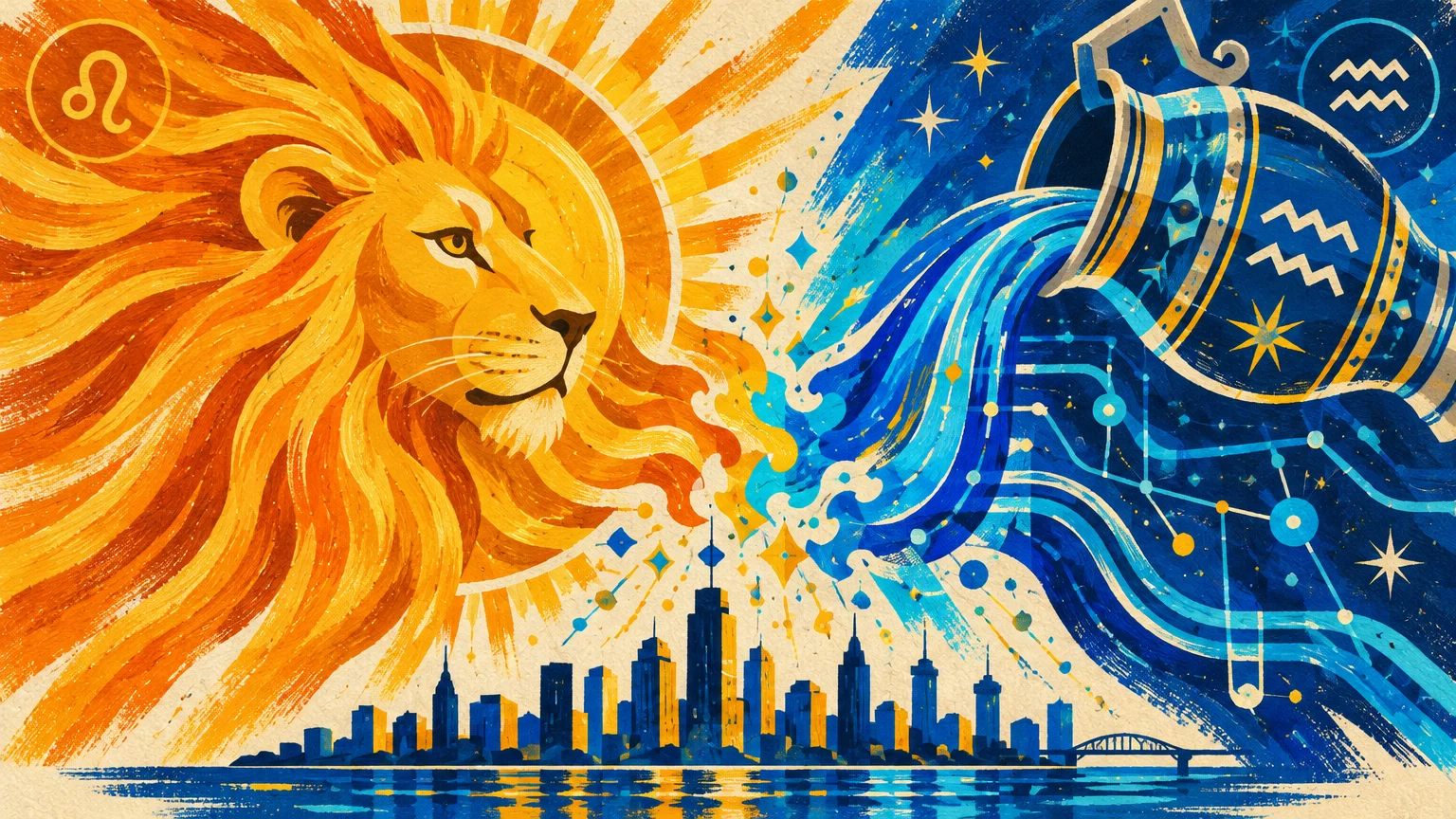 Split illustration of a glowing sun lion facing water poured from a celestial Aquarius jug over a city skyline.