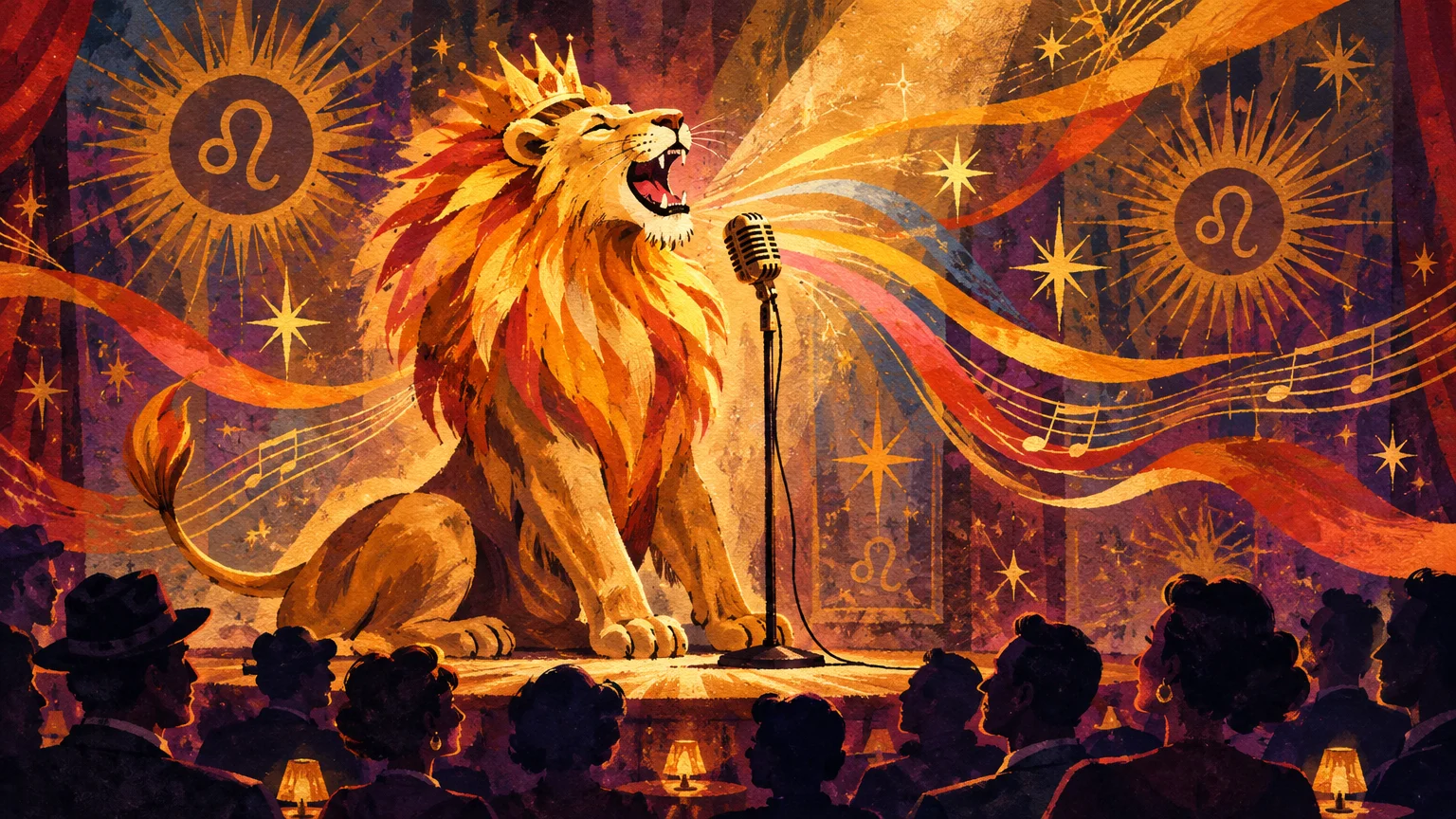 Illustration of a crowned lion singing into a vintage stage microphone before an audience, with colorful musical ribbons.