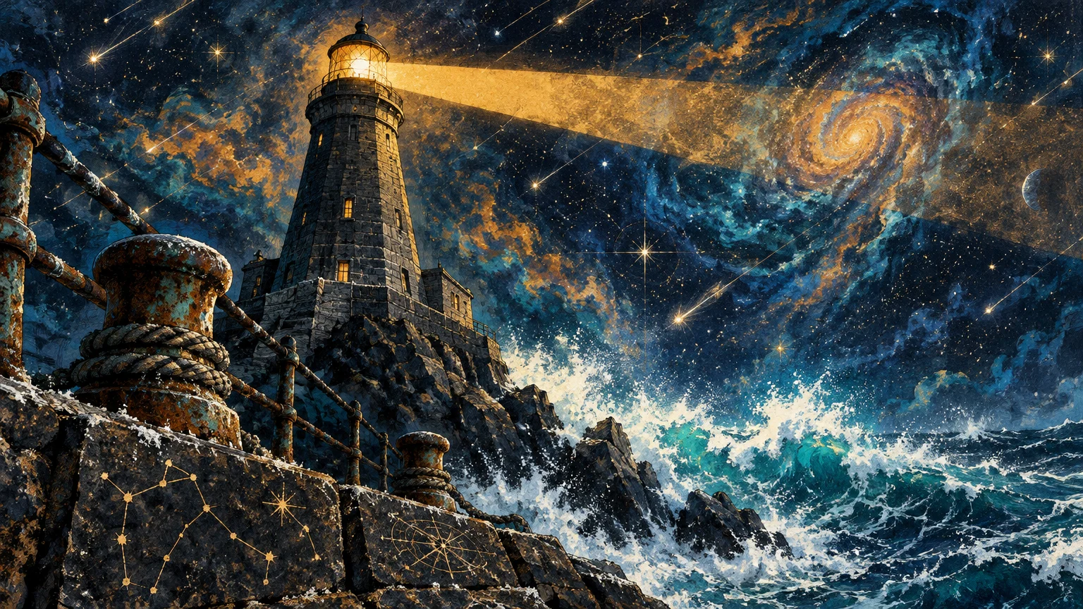 Illustration of a stone lighthouse on rocky cliffs beaming light across a stormy sea beneath a swirling galaxy and starry sky.