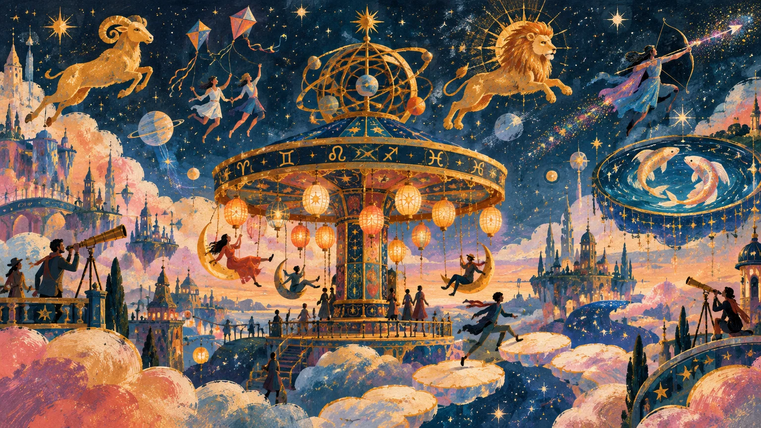 Celestial fantasy illustration featuring a carousel among clouds, surrounded by flying zodiac figures and starry skies.