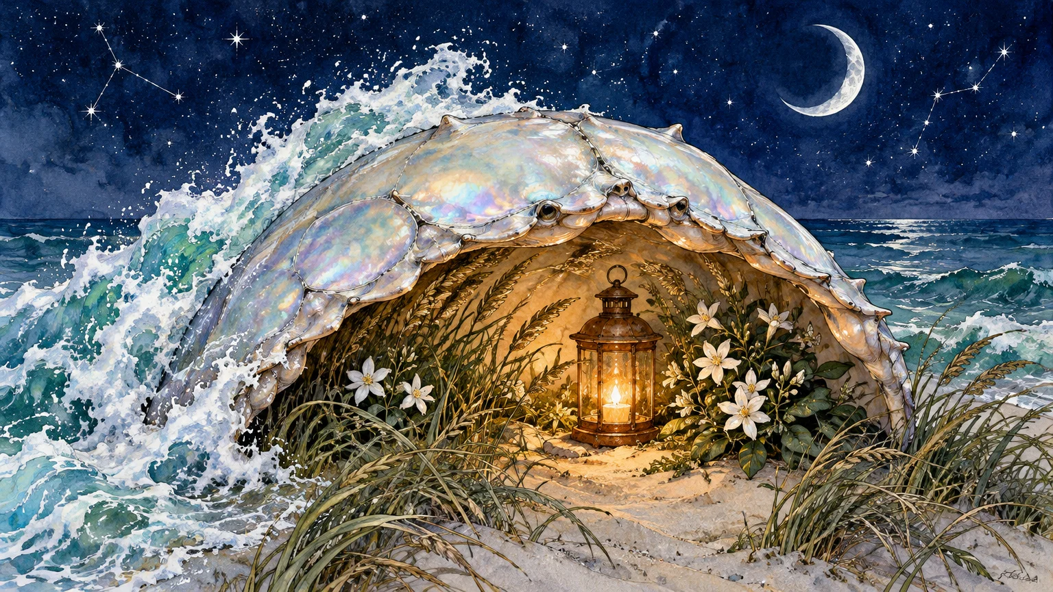 Large crab shell sheltering a glowing lantern and white flowers on a sandy beach against ocean waves under a crescent moon.