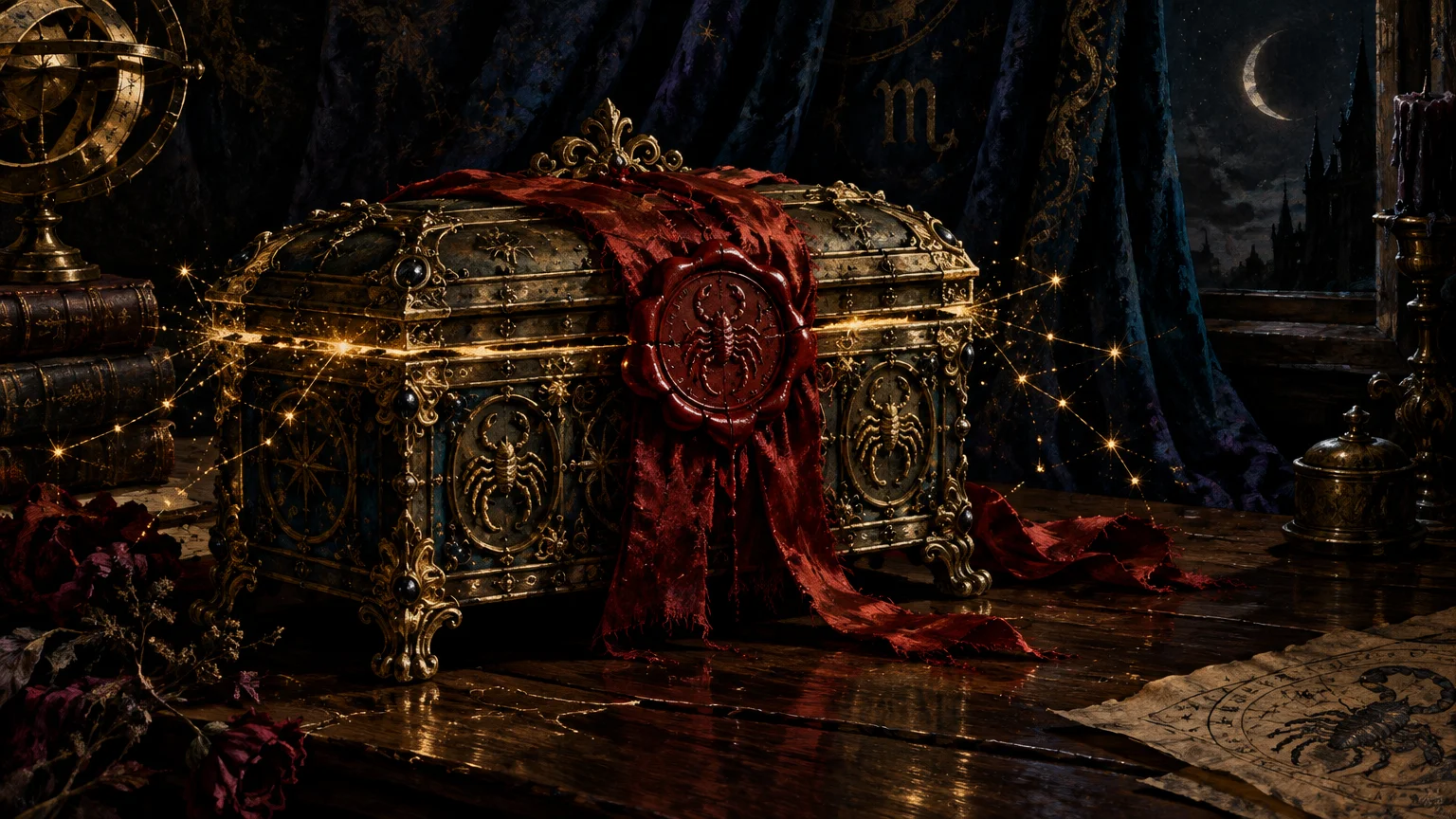 Ornate antique chest sealed with red wax and a scorpion crest, glowing faintly on a wooden table.