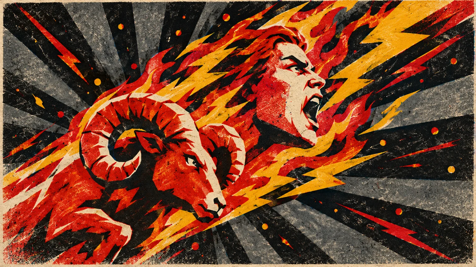 Retro illustration of a roaring ram and a shouting human face emerging from flames and lightning bolts.