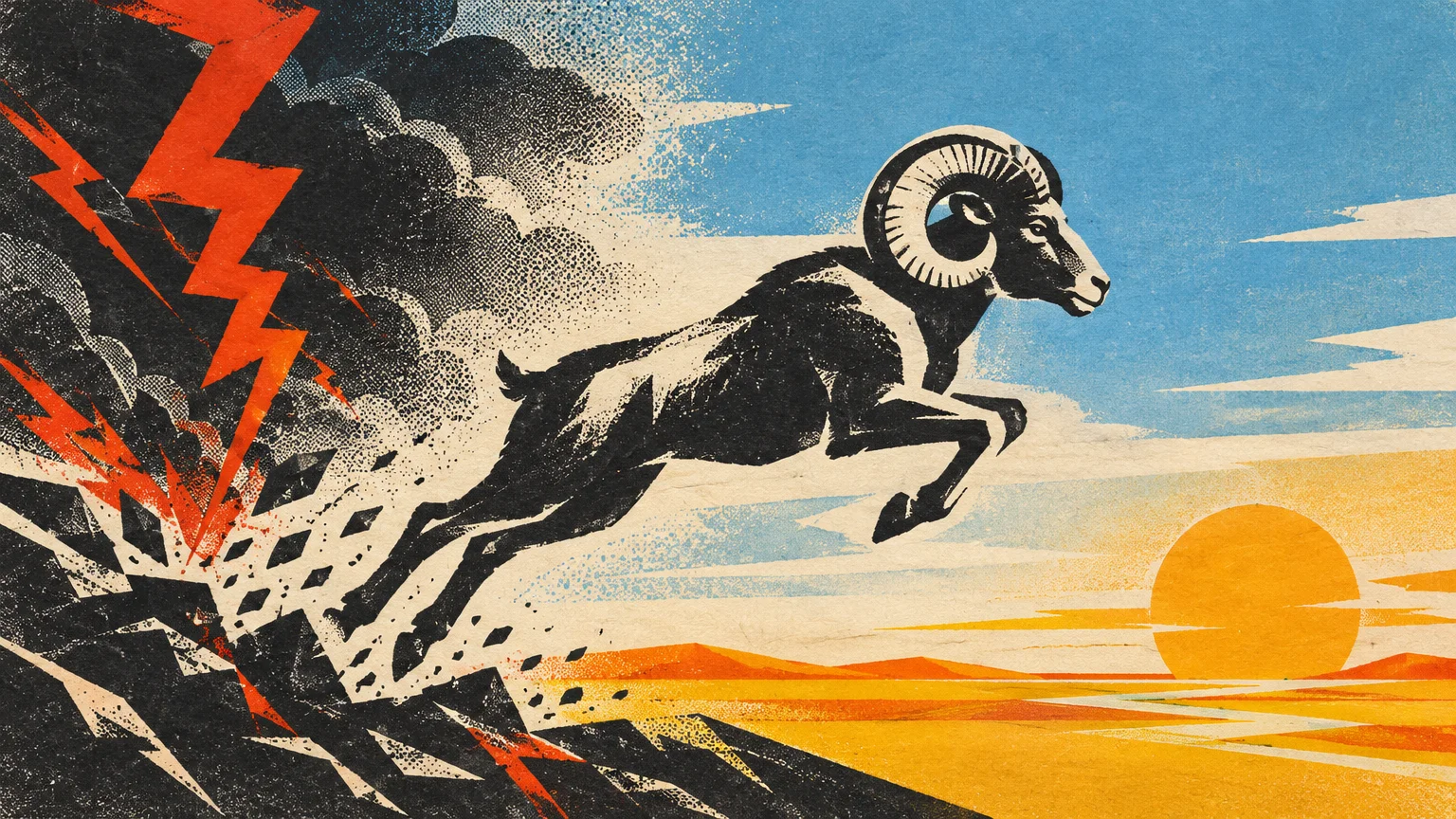 Screenprint illustration of a horned ram leaping away from dark lightning clouds toward a bright sun over desert plains.