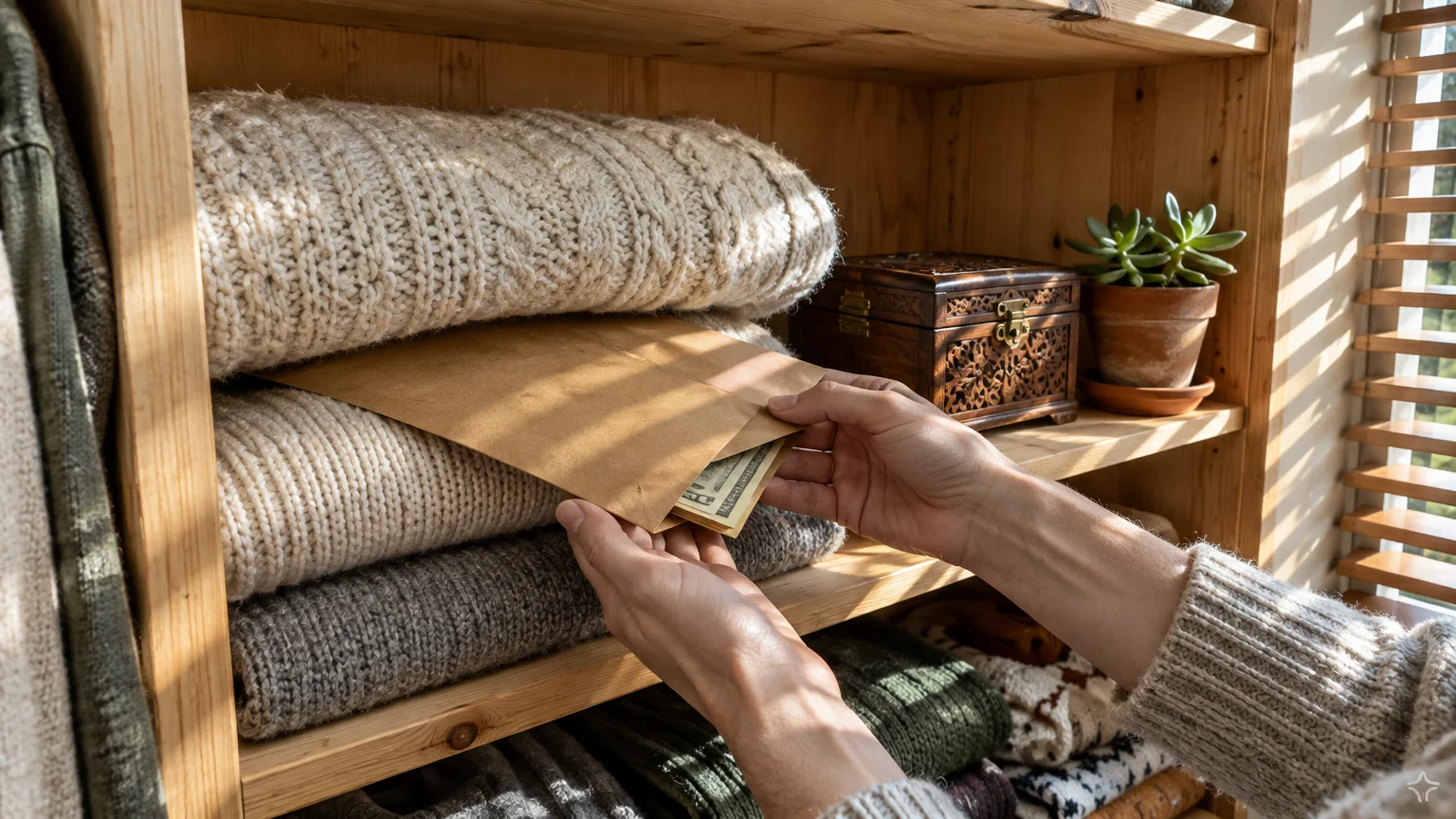 Hands sliding a brown paper envelope containing paper money between folded knit sweaters on a wooden shelf.