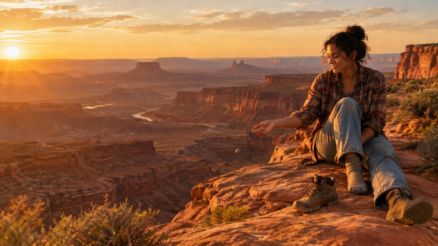 A woman sitting on a rocky desert cliff at sunset, dropping small pebbles while overlooking an expansive canyon.