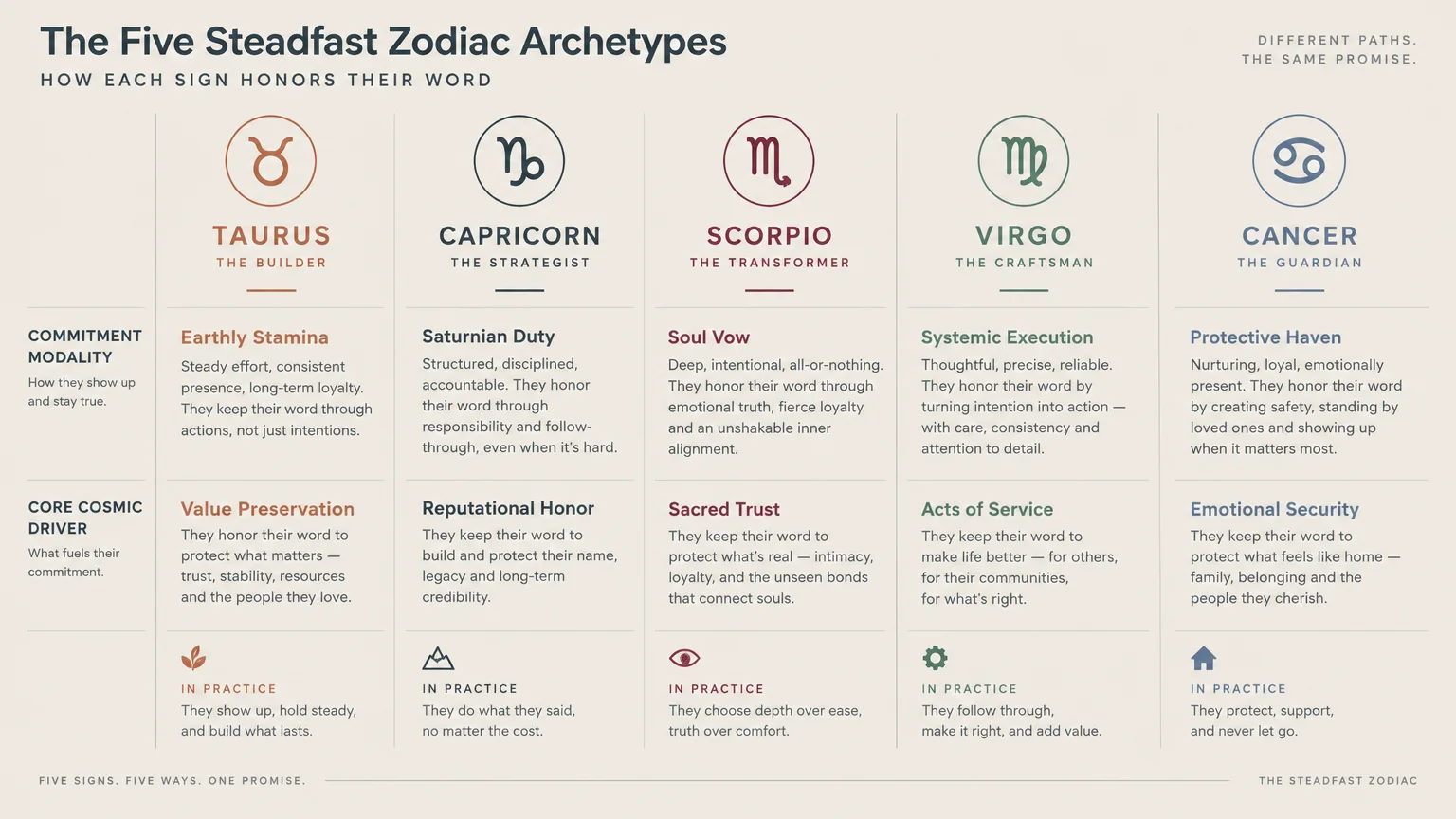 Chart detailing five zodiac archetypes—Taurus, Capricorn, Scorpio, Virgo, and Cancer—and how each honors commitments.