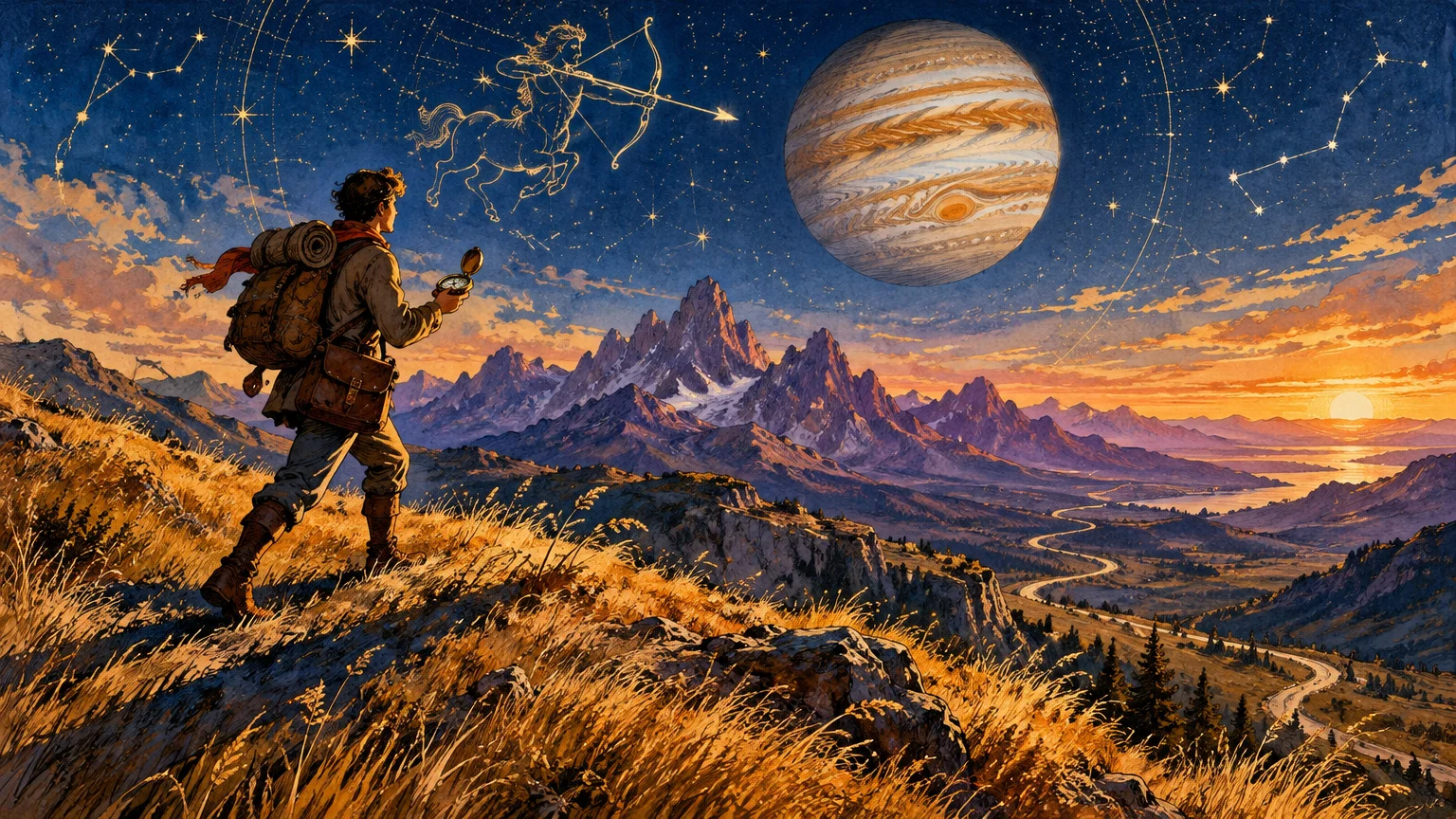 Illustration of a hiker with a compass facing mountains, beneath a starry sky with planet Jupiter and a centaur constellation.