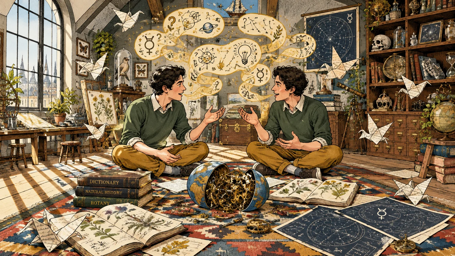 Twin young men sit cross-legged on a rug in an attic study among books, paper cranes, and thought bubbles.