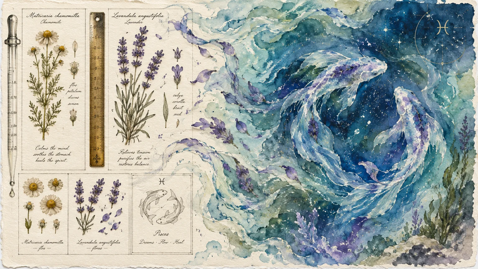 Watercolor illustration of botanical lavender and chamomile diagrams beside two swirling Pisces koi fish in starry water.