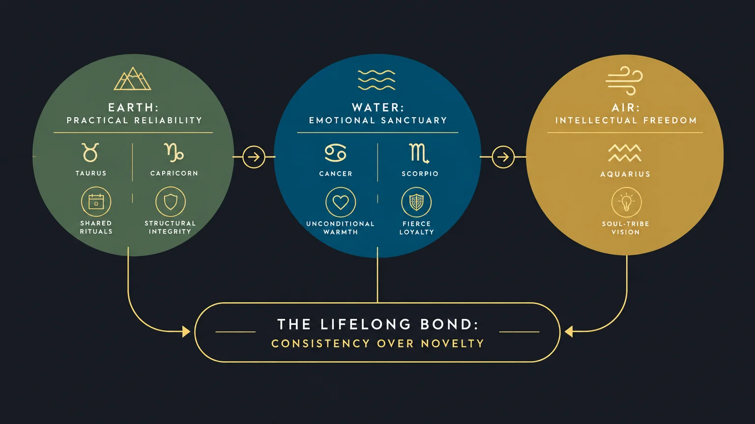 Diagram mapping Earth, Water, and Air astrological elements to lifelong bonds through consistency over novelty.