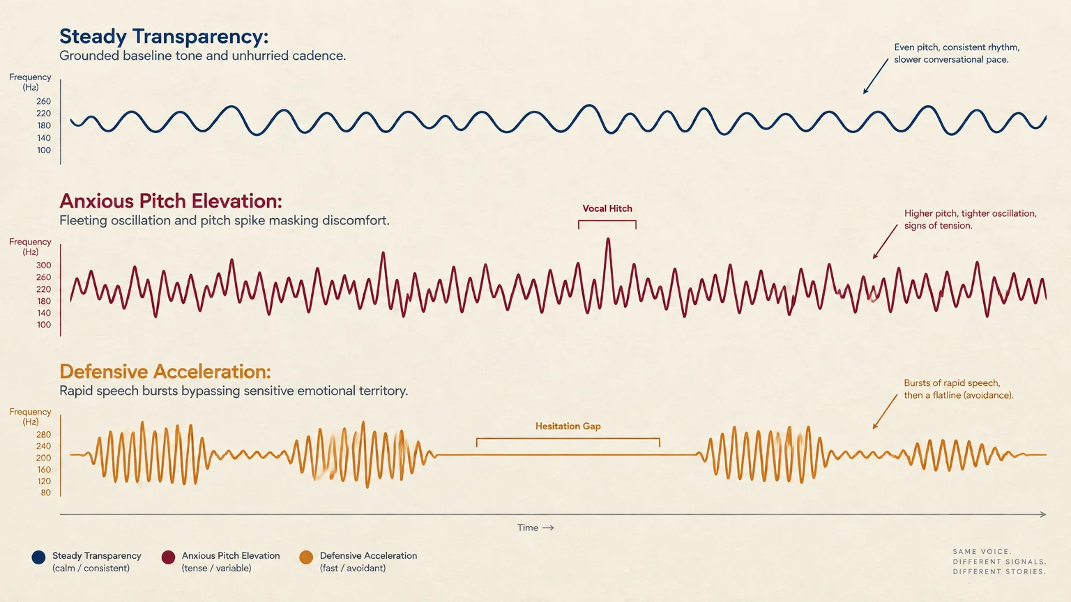 Three voice frequency waveforms comparing steady transparency, anxious pitch elevation with a vocal hitch, and defensive acceleration.